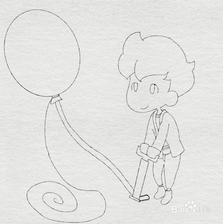 如何画给气球打气的男孩的简笔画