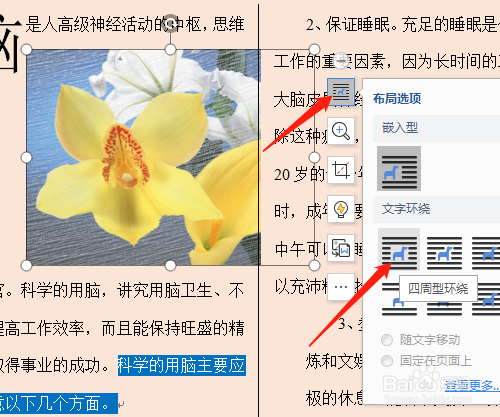 單擊圖片右邊的佈局選項圖標,選四周型環繞,移動圖片,圖片四周有文 