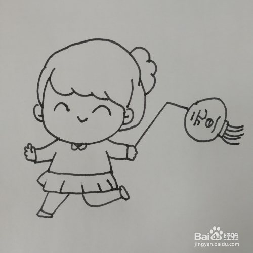 小女孩拿节日灯笼简笔画绘画