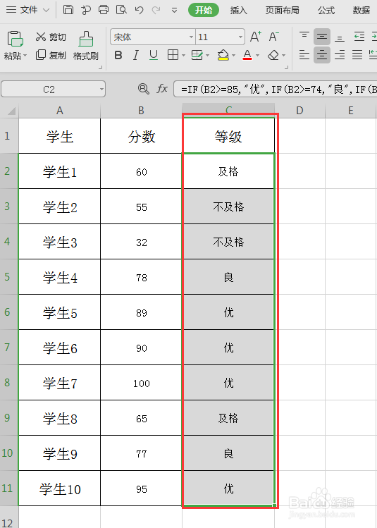 根据学生分数划分四个等级