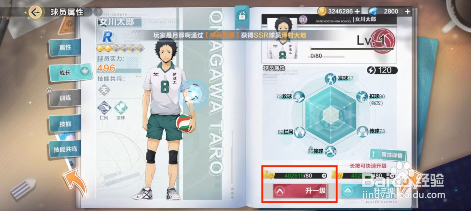 排球少年新的征程如何提升女川太郎等级?