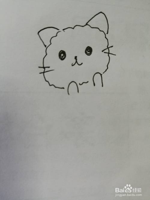 第四步,接着继续画出可爱的小猫咪的两只小手,小手在小猫的脸上.