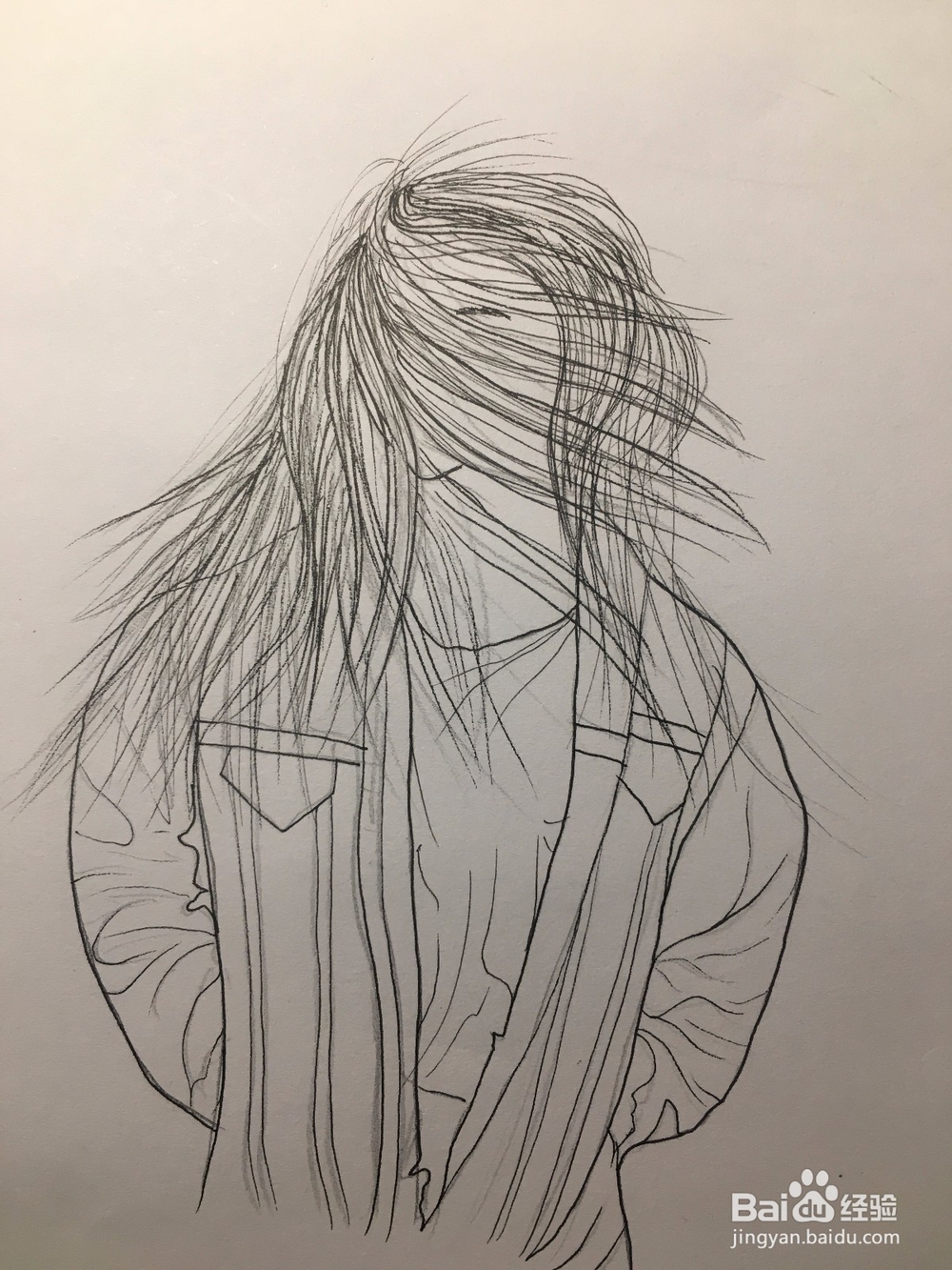 冬季画一个风中长发凌乱的样子 女子简笔线描画