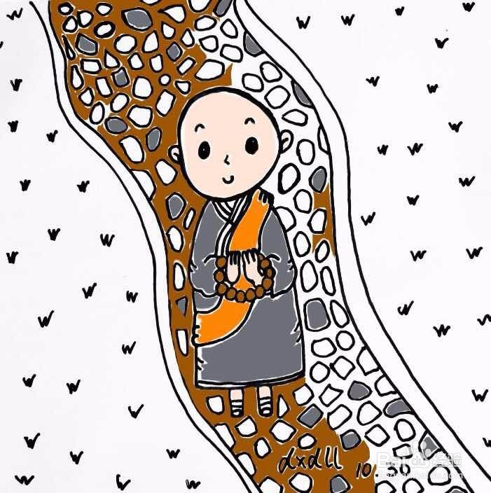 茉莉水彩手绘之踱步的小和尚