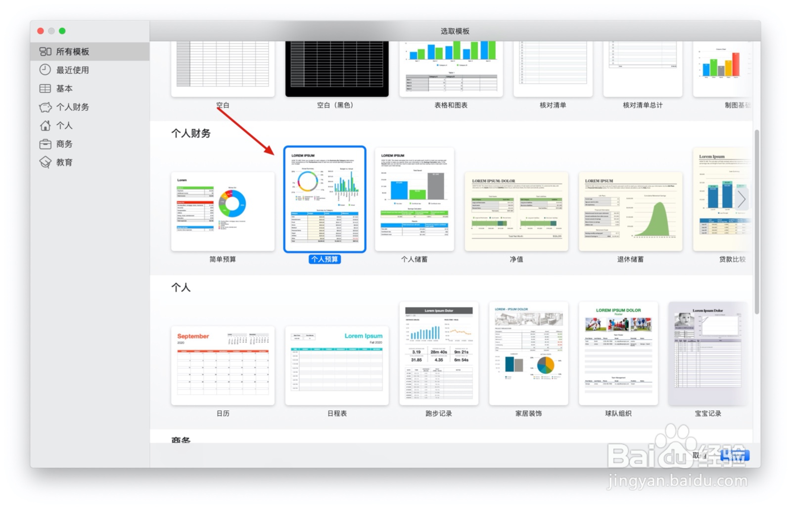 Numbers表格“个人预算”模板中如何插入文本