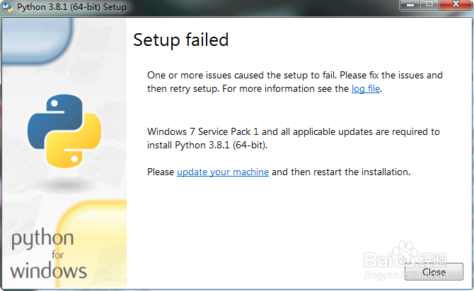 python3.8.1安装失败,提示更新windows SP1