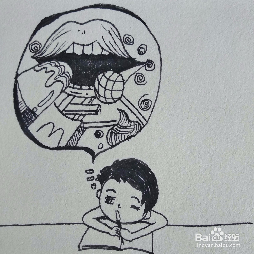 如何画一个在写作业时胡思乱想的男孩创意画？