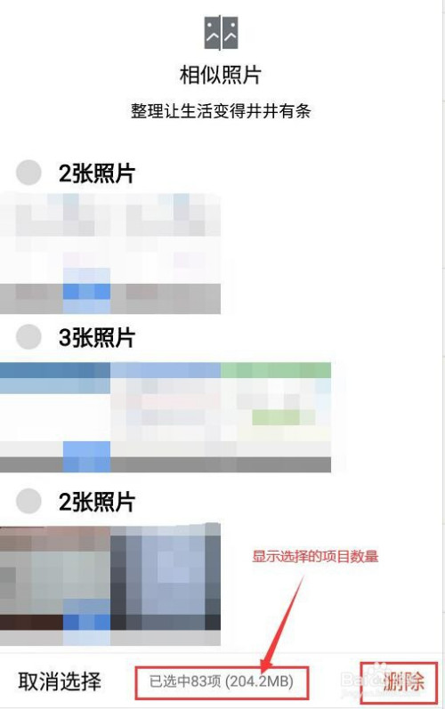 根据最佳照片提示,选择需要删除的相似照片,下方会显示选择的项目