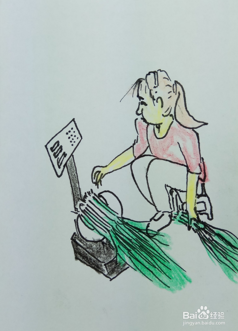 怎样画简笔画“小女孩学称葱”?