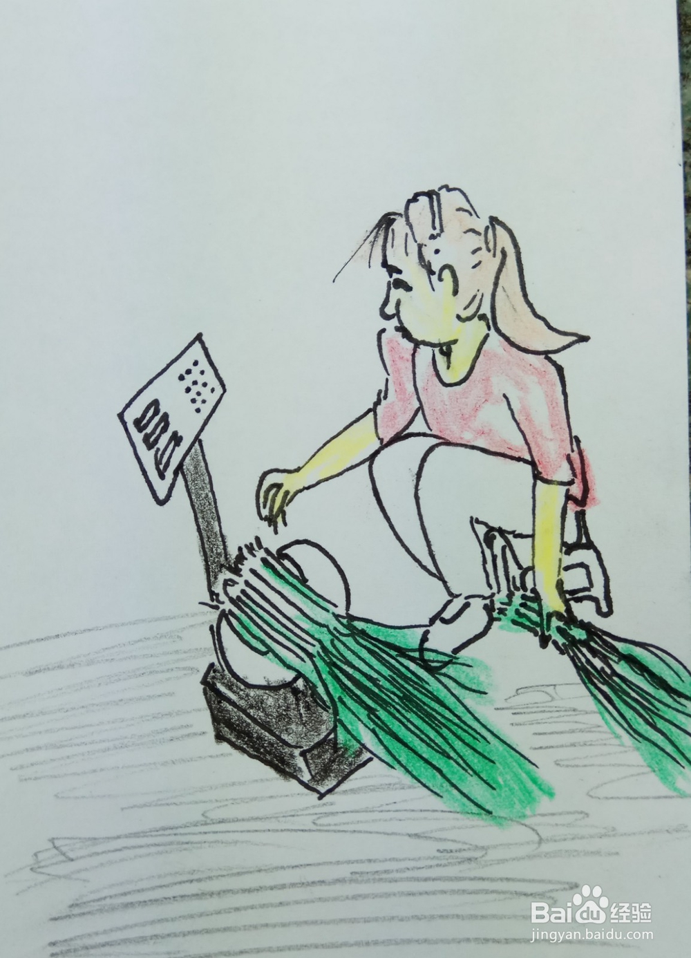 怎样画简笔画“小女孩学称葱”?