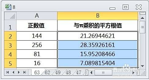 Excel用sqrtpi求指定正数值与p乘积的平方根值 百度经验