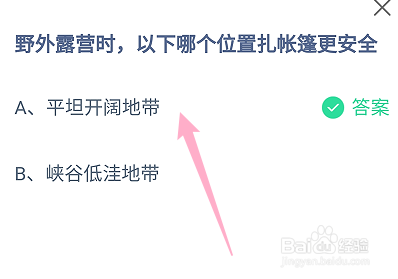 蚂蚁庄园野外露营时，以下哪个位置扎帐篷更安全