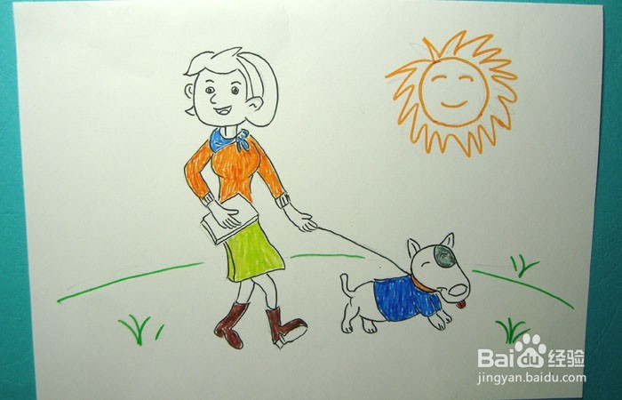 彩色简笔画牵小狗晒太阳的女孩