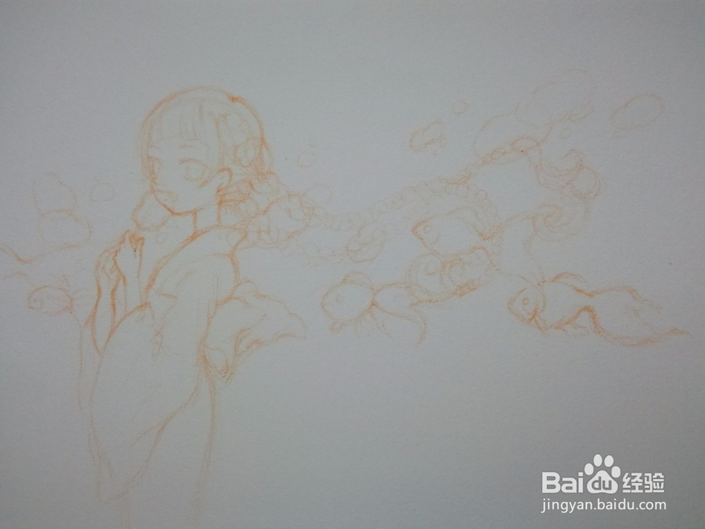 《少女与鱼》水彩人物插画线稿手绘教程