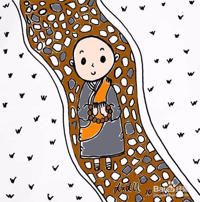 茉莉水彩手绘之踱步的小和尚