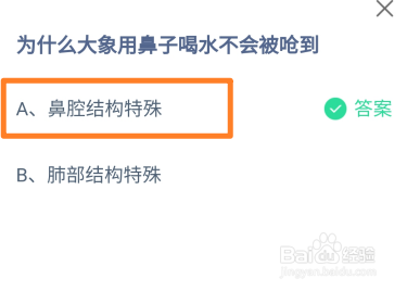 蚂蚁庄园，为什么大象用鼻子喝水不会被呛到
