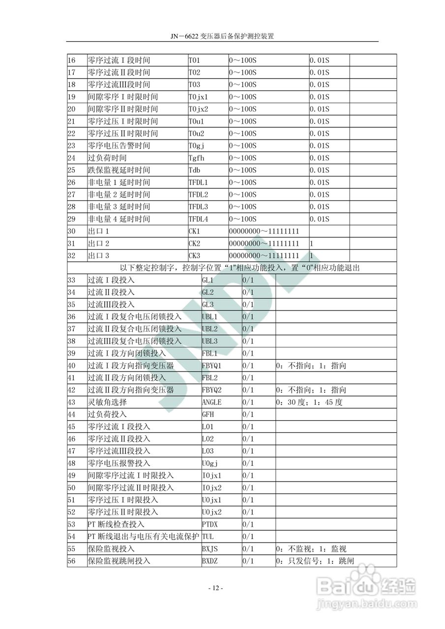 冀能电力JN-6622微机变压器后备保护测控装置使用说明:[2]