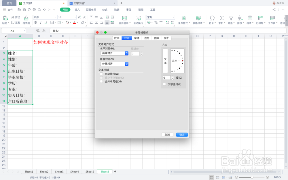 在Excel中，如何实现文字对齐