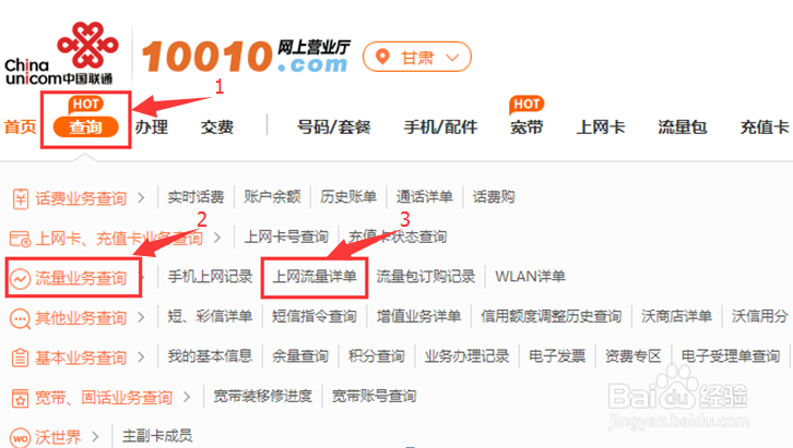甘肃联通移动用户“上网记录查询”功能使用方法