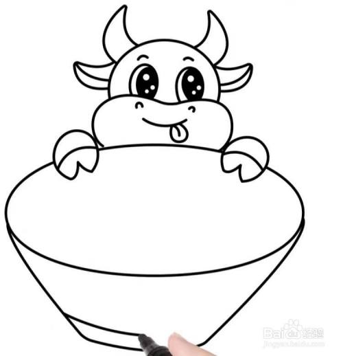 然后,画出牛的一双蹄子,再画出一只大碗,注意牛蹄趴在碗沿