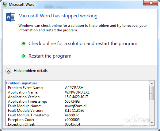 Microsoft Word has stopped working
