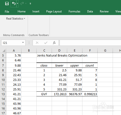 Real Statistics 用于 Natural Breaks 分类