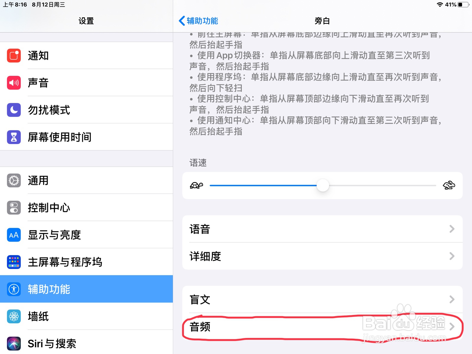 iPad怎么在旁白设置检测到文本与图像的预览
