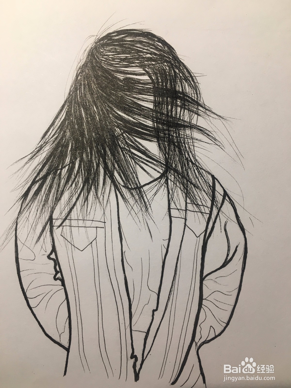 冬季画一个风中长发凌乱的样子 女子简笔线描画