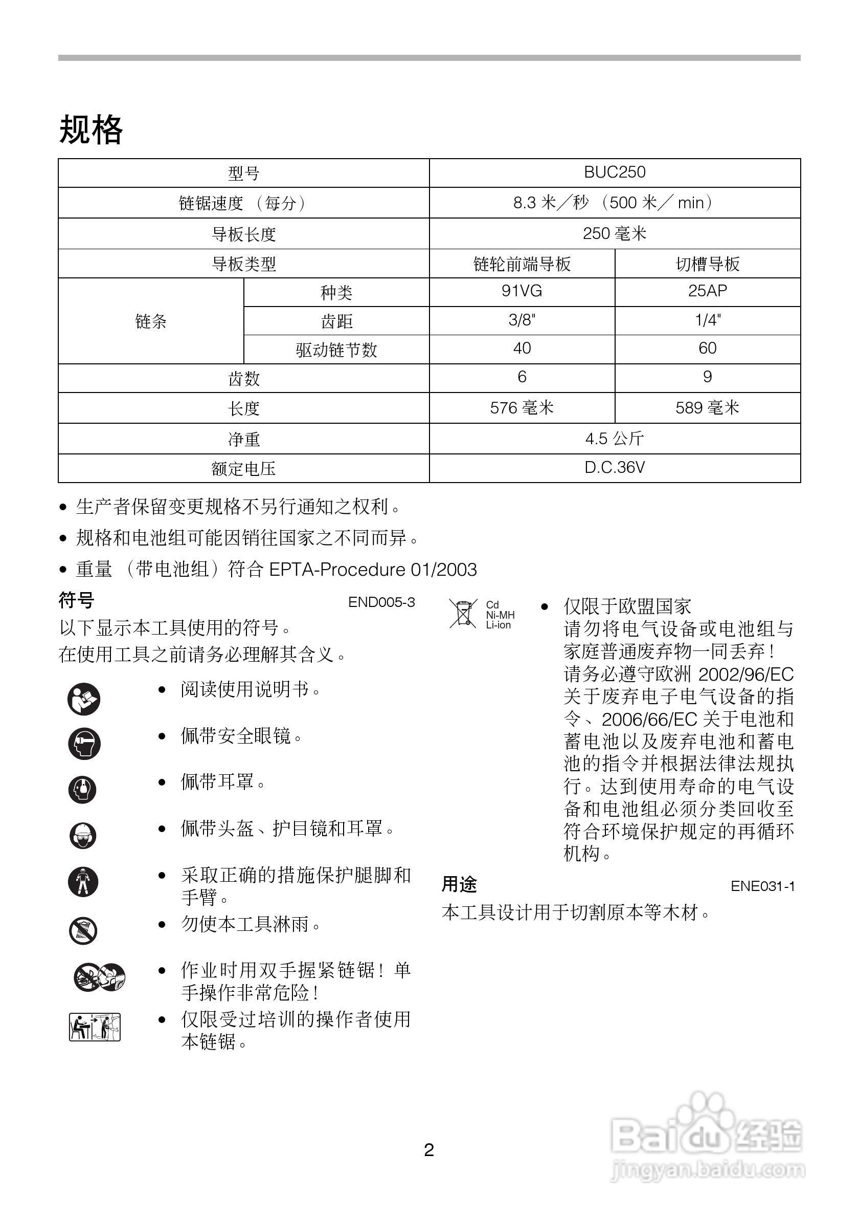 牧田充电式链锯BUC250型使用说明书:[1]