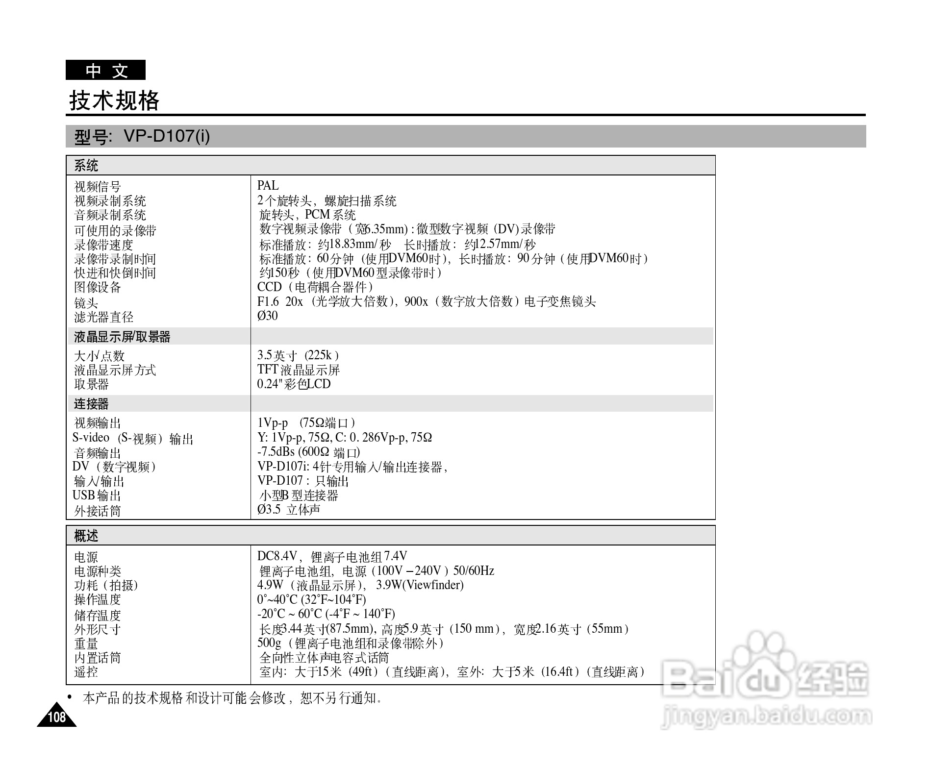 三星VP-D107(i)数字摄录一体机用户说明书:[11]