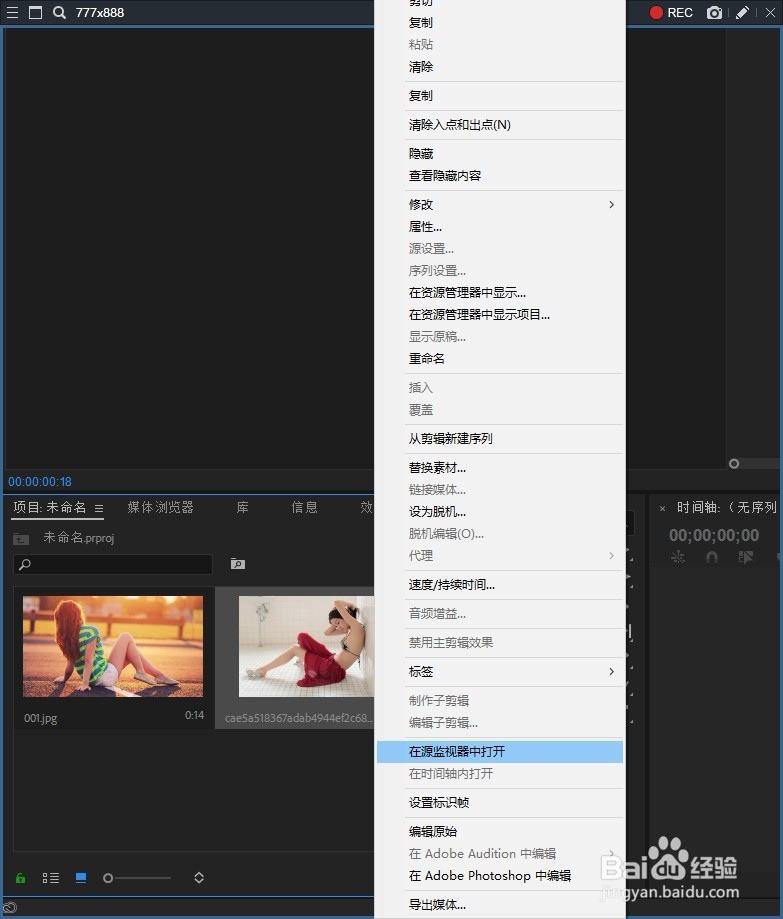 Pr 2018 怎样查看源监视器中素材的详细属性