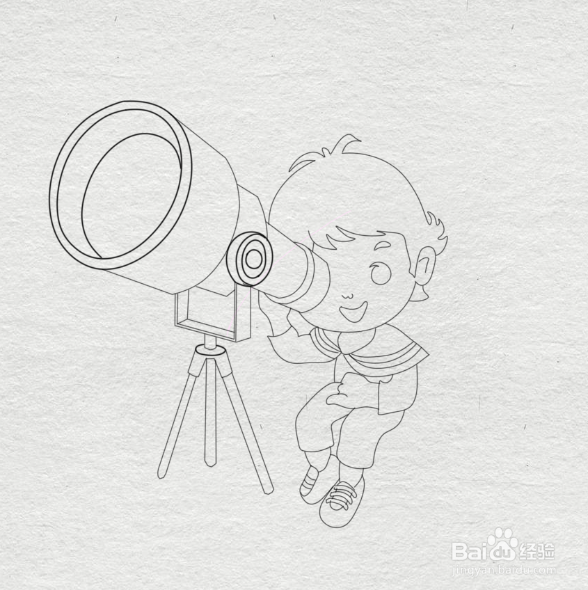 接着头部轮廓画出小男孩的身体轮廓,手部拿着望远镜坐在月亮上的