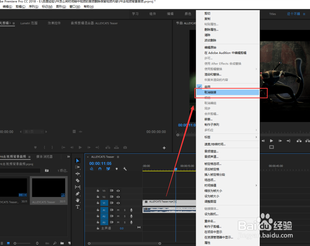 PR怎么将时间轴中视频的音频删除保留视频内容