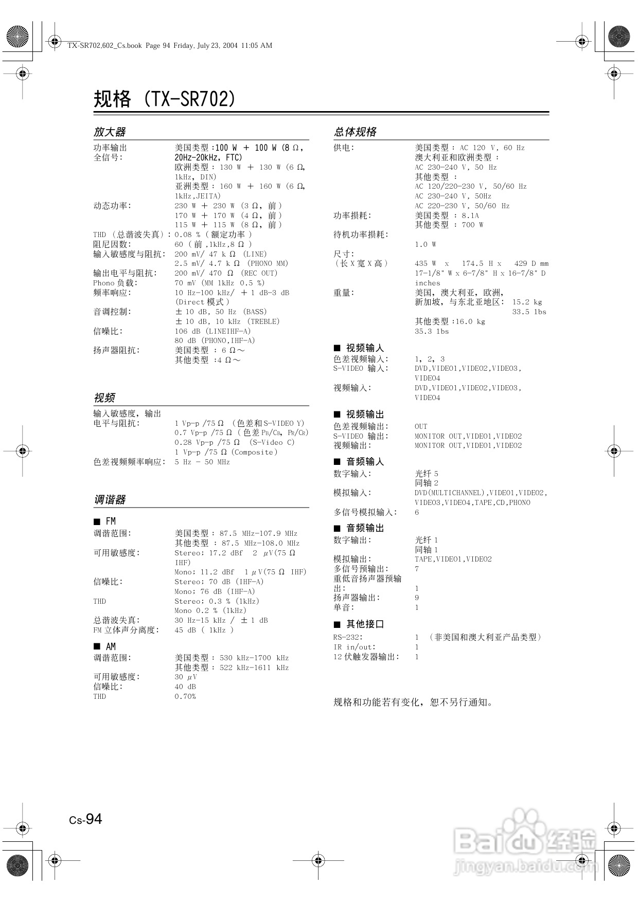 安桥AV接收机TX-SR602型使用说明书:[5]