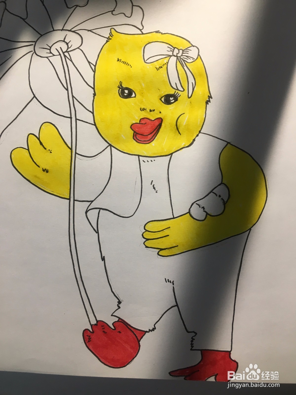 画一只拿着花当伞的鸭子 鸭子的简笔画 彩色涂鸦