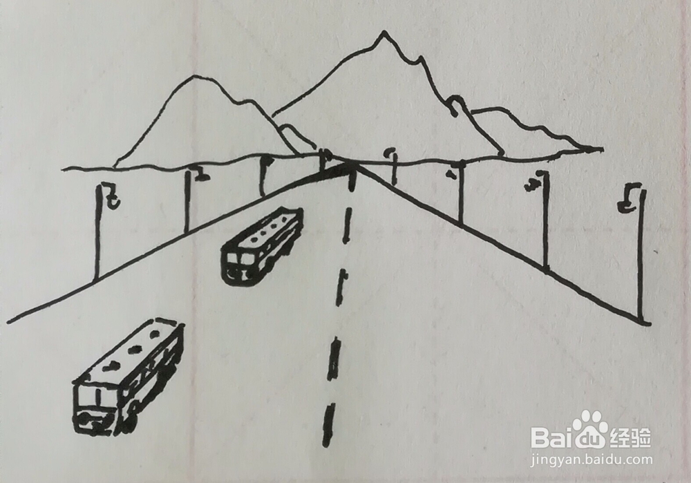 远山由远及近的公路路灯汽车组合简笔画怎么画