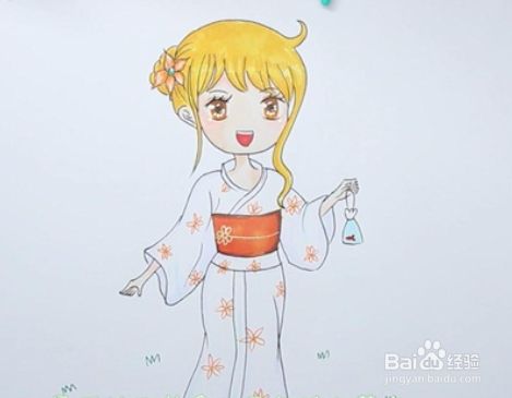 漂亮的花朵,脚下画上几棵青草装饰,美丽的海贼王娜美简笔画就画好了