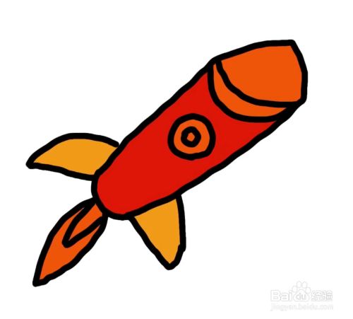 第七步,给火箭的机翼和火苗都涂上颜色,彩色简笔画卡通火箭就画好了