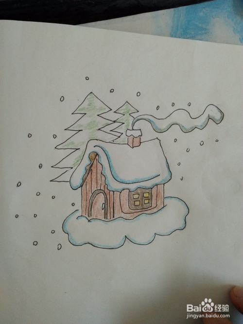 如何画卡通画雪中的小屋