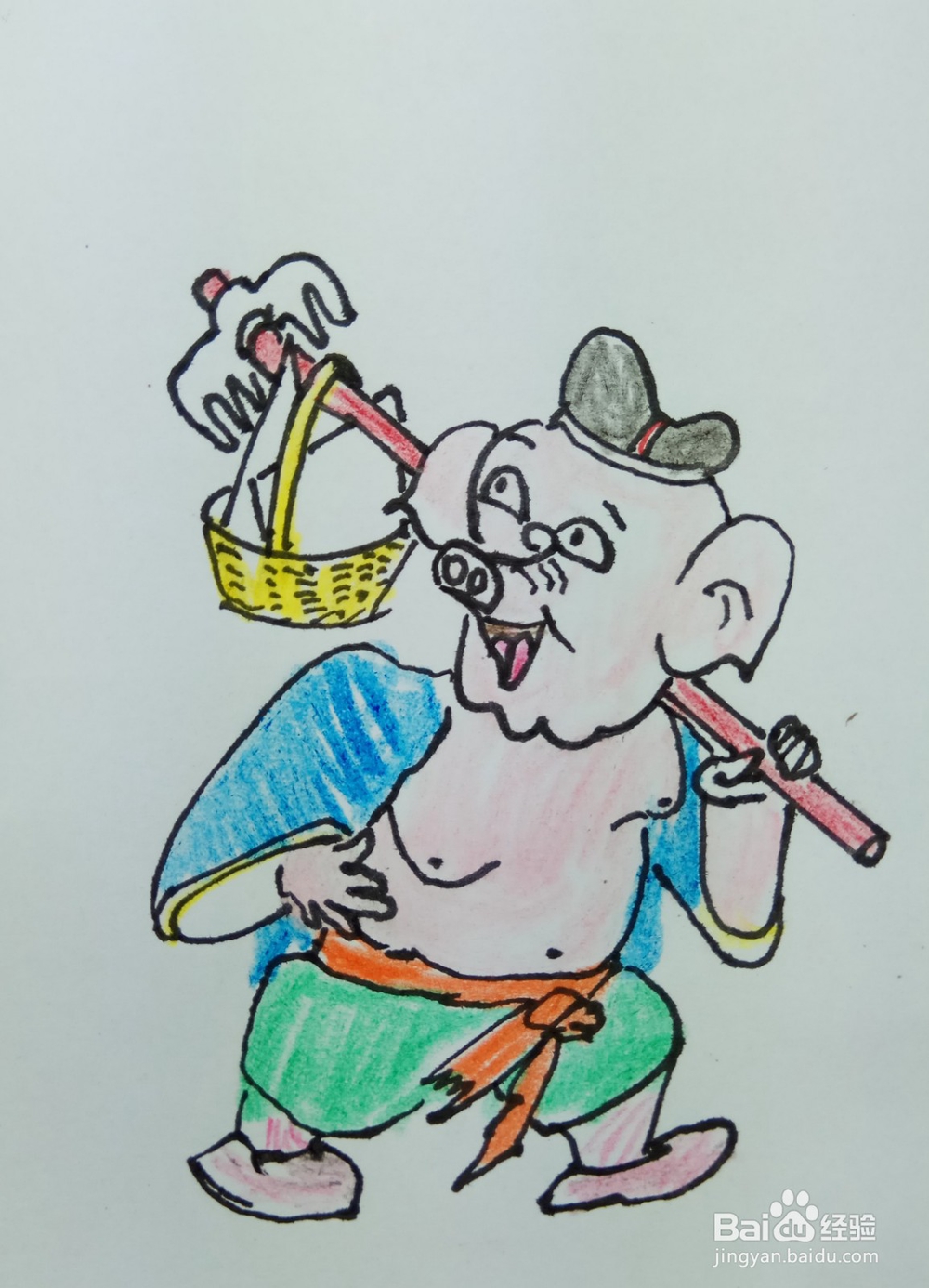 怎样画简笔画“猪八戒挑篮子”？
