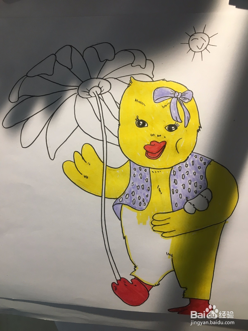 画一只拿着花当伞的鸭子 鸭子的简笔画 彩色涂鸦