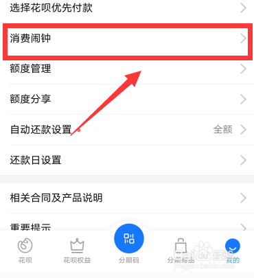 支付宝花呗消费闹钟怎么开启