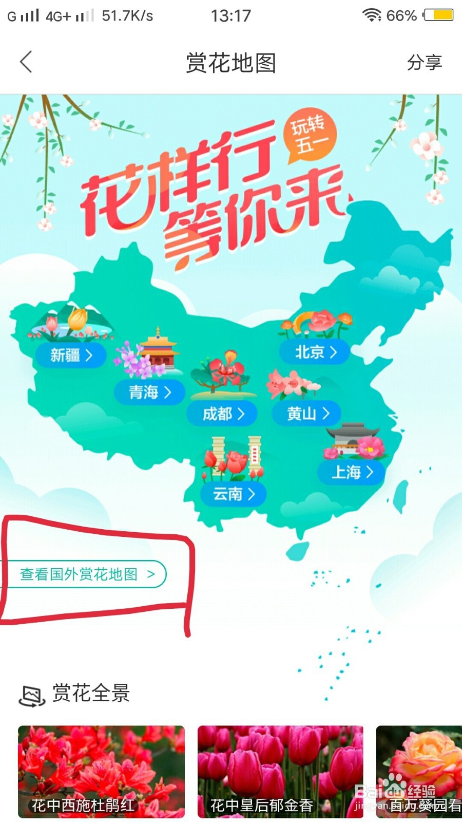 百度地图如何查看国外赏花地图