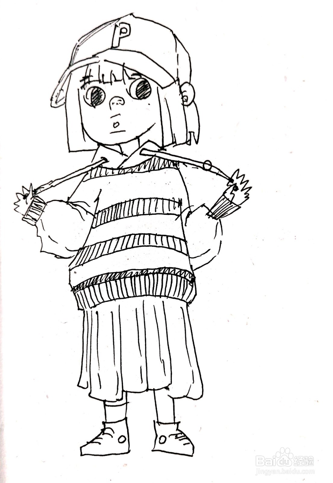 戴着棒球帽的女孩线描画怎么画