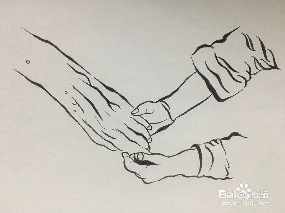 画一双年轻人的手握着一只老人的手 简笔画