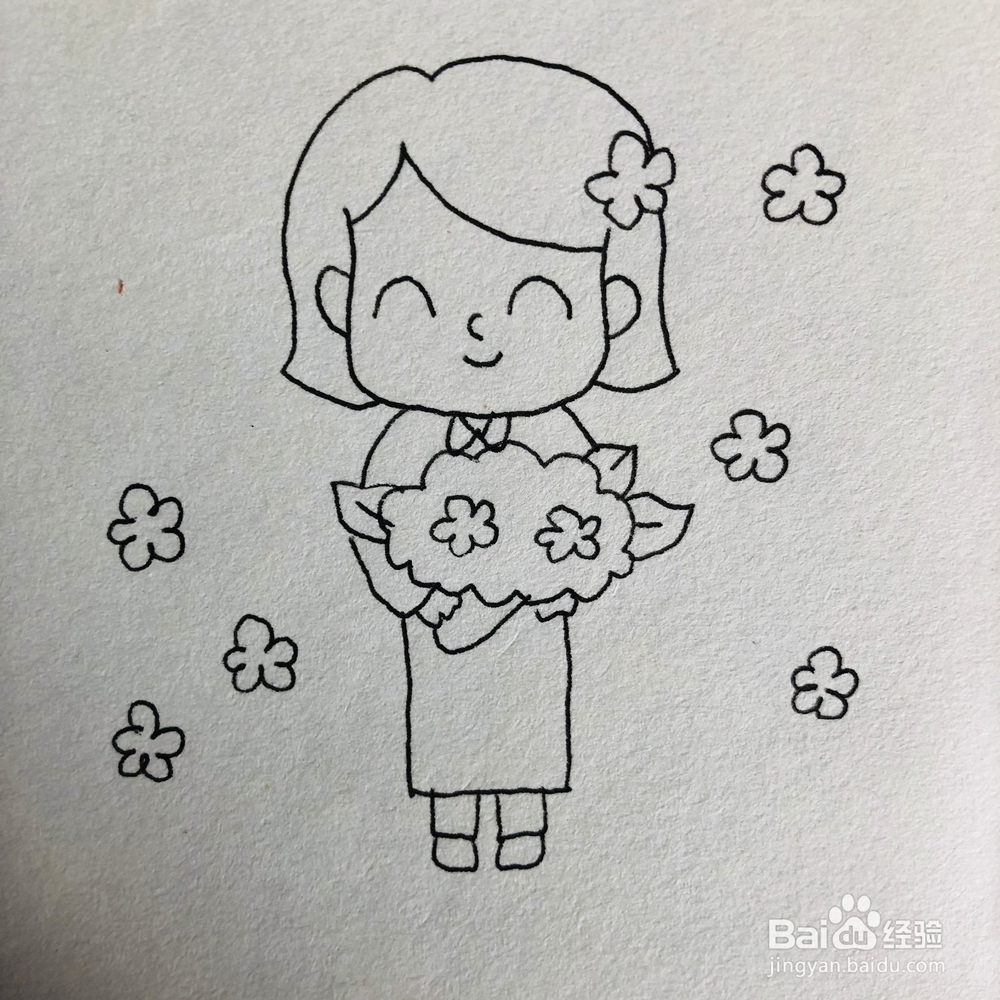 三八妇女节,女人拿花卡通简笔画绘画方法