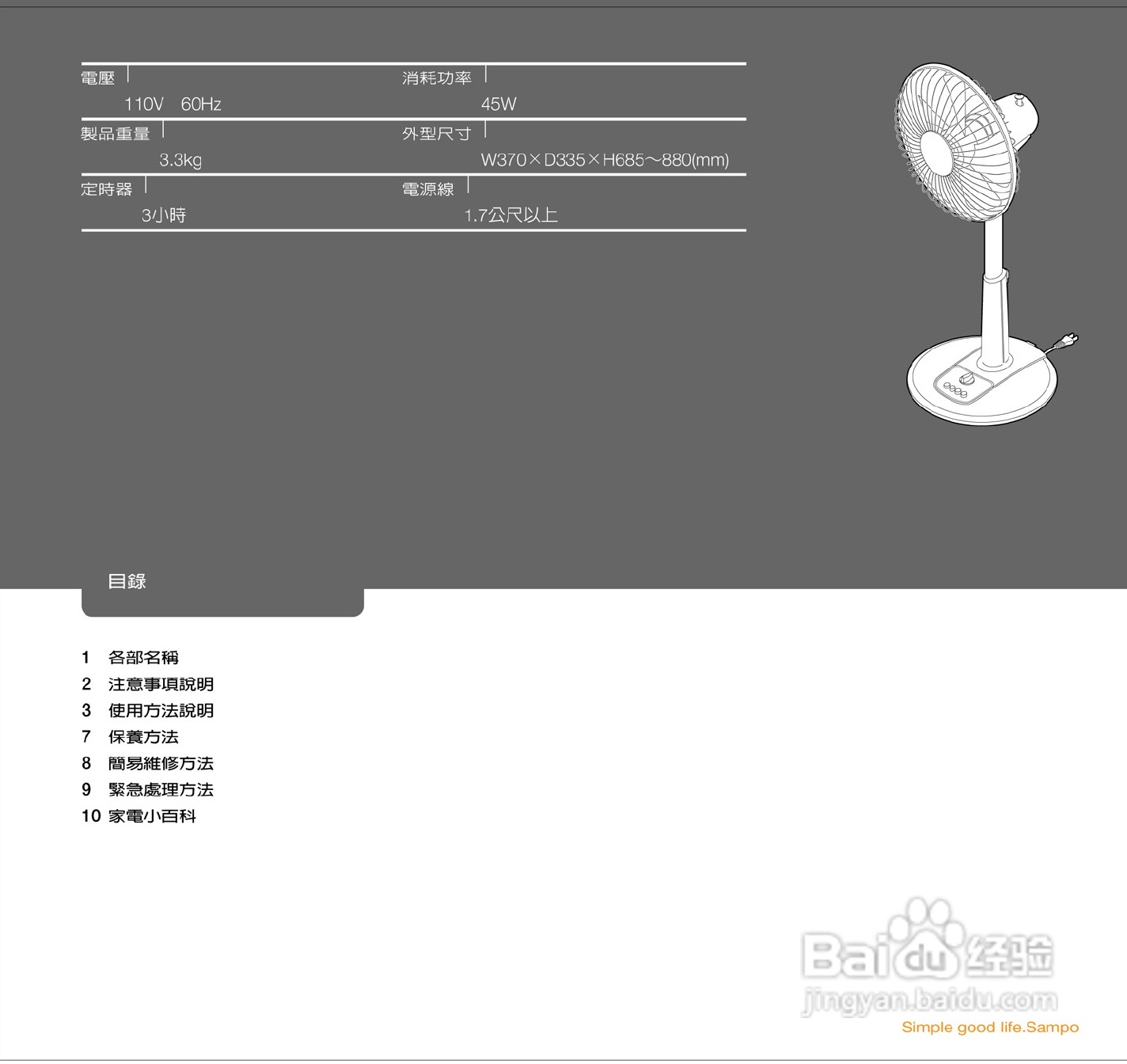 SAMPO SK-PC12T风扇使用说明书