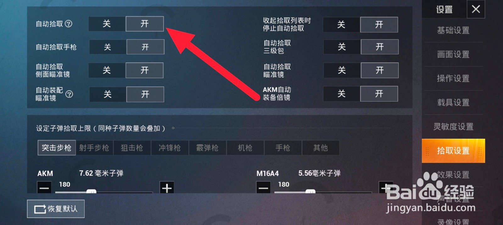 和平精英如何开启自动拾取功能