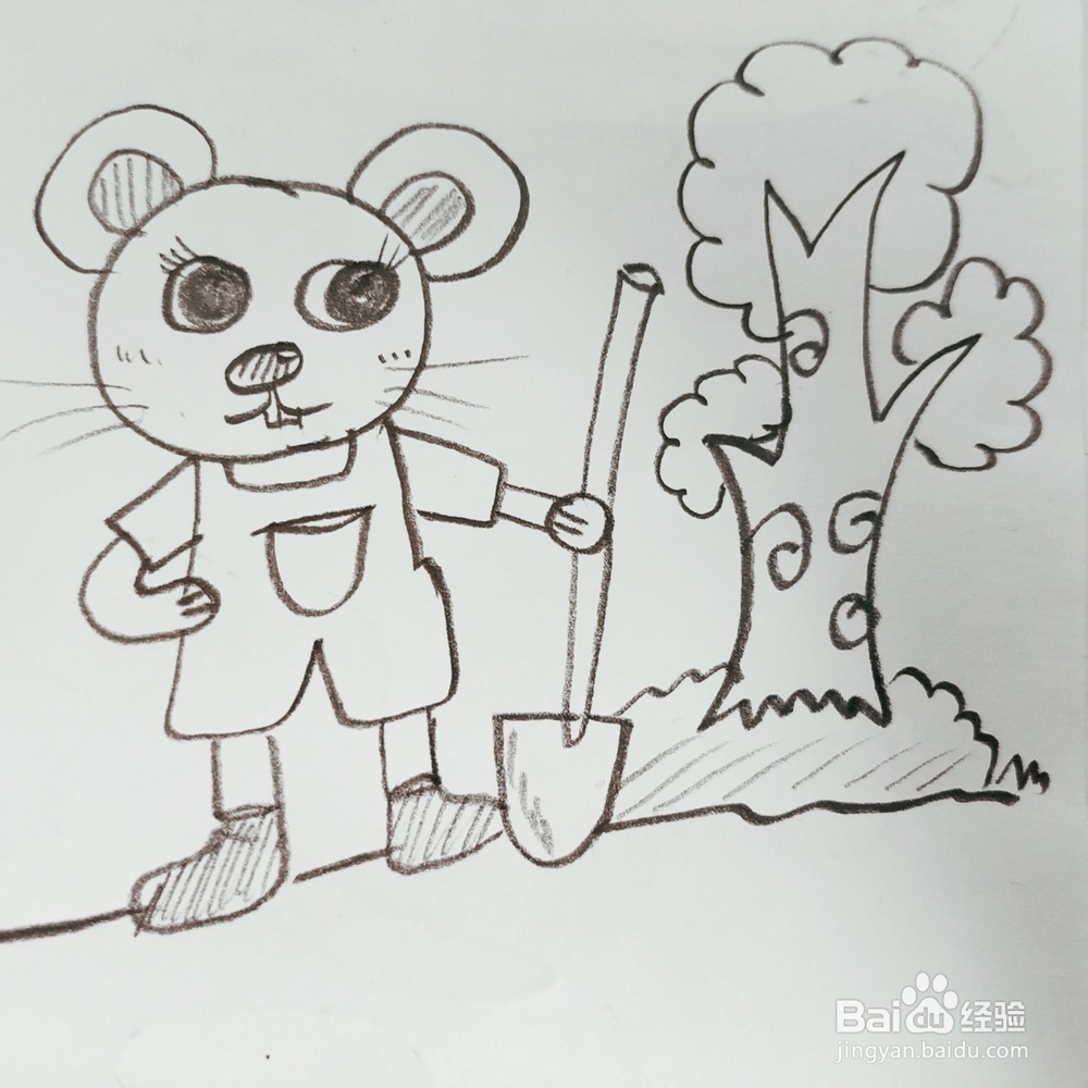 怎么画一只栽树的小老鼠简笔画呢？