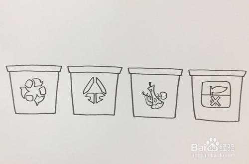 同样地再在第三个筒身上画出厨余垃圾标志,第四个则画出有害垃圾